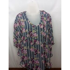 vacation fairy blue white pink striped coastal flowy blouse office church work L